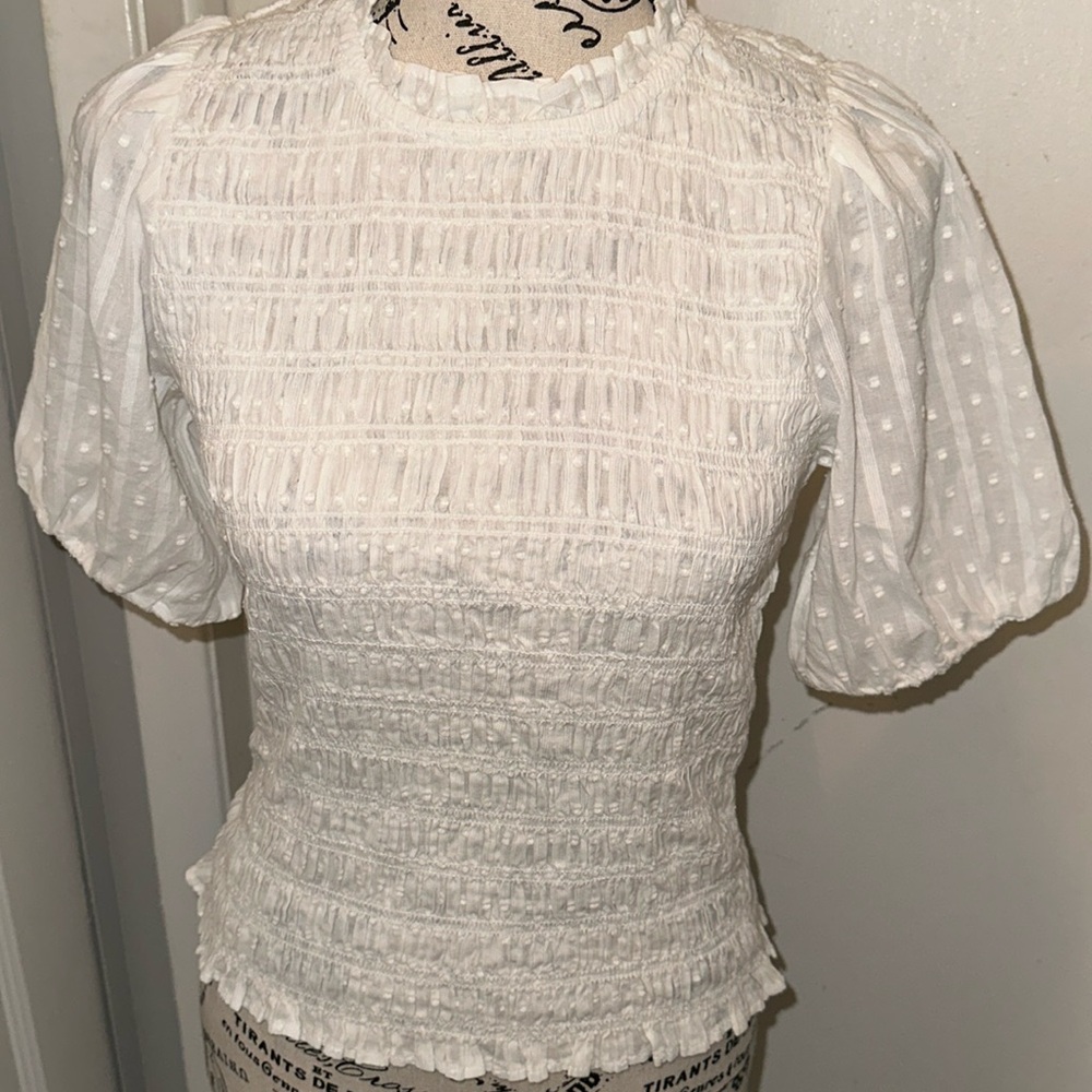 Jcrew Bundle of 2 puff sleeves tops- one white and one Navy with dots Sz XS NWT - Picture 4 of 9